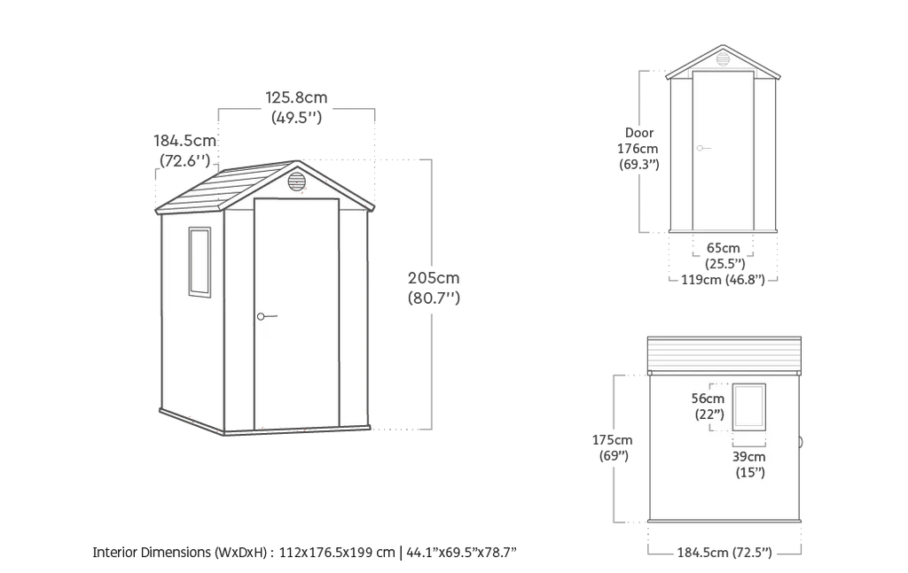 Technical drawing of a small shed with dimensions on a green background