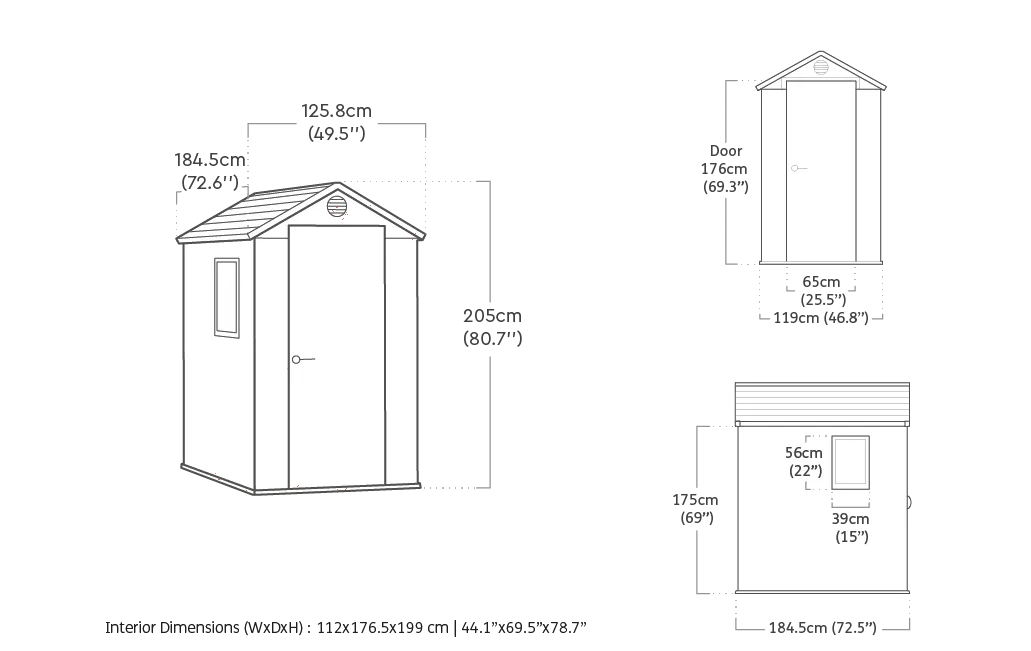 Technical drawing of a small shed with dimensions on a green background