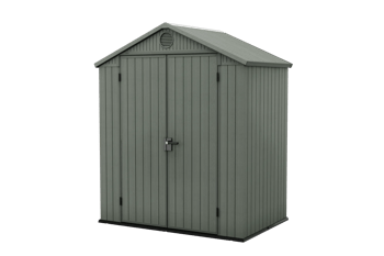Gray storage shed with a green background
