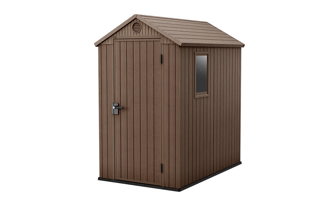 Brown storage shed with a window on a transparent background