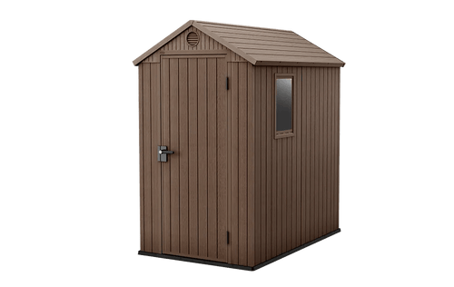 Brown storage shed with a window on a transparent background