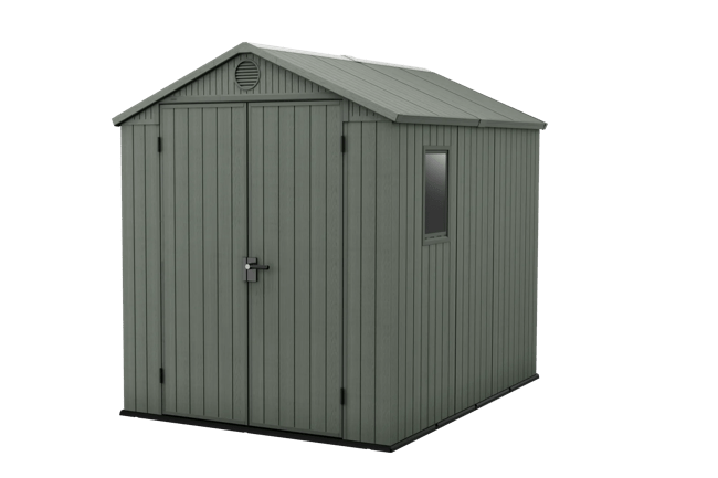 Gray storage shed with a door and window on a transparent background