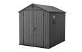 Gray storage shed with a small window on a green background
