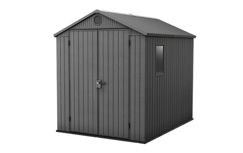 Gray storage shed with a small window on a green background