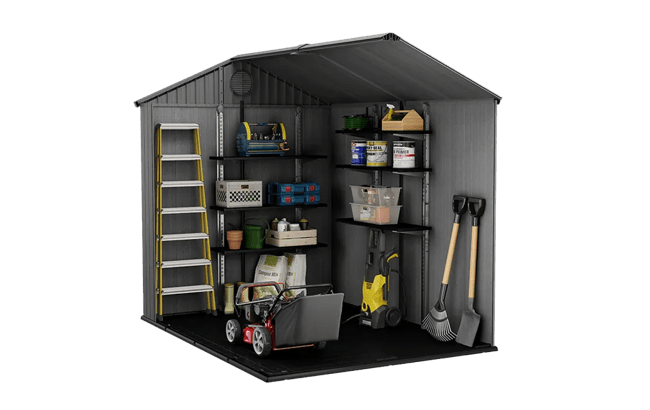 Model of a storage shed with various tools and equipment inside on a transparent background