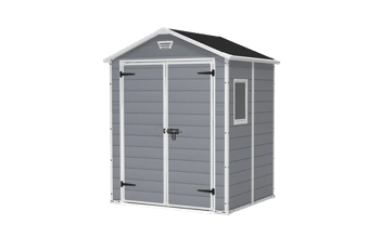 Gray storage shed with a black roof on a transparent background