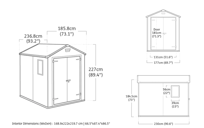 Technical drawing of a storage shed with dimensions on a green background